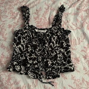 Zara Black and White Floral Tie Front Tank Top